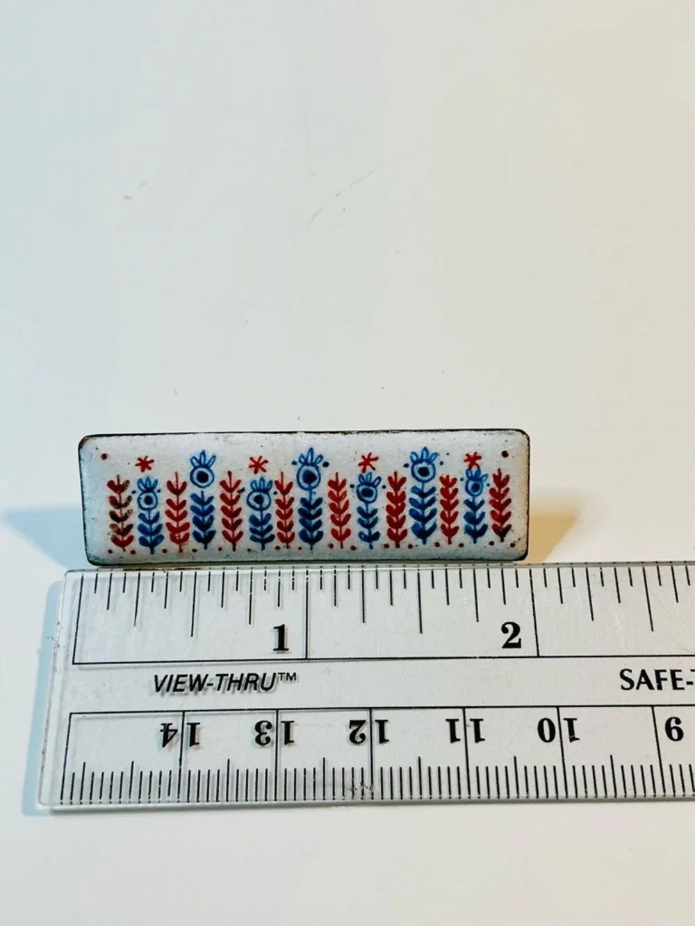 VTG Copper Hand-Painted White Enamel Bar Brooch with Blue & Red Flowers C Clasp - Picture 5 of 9